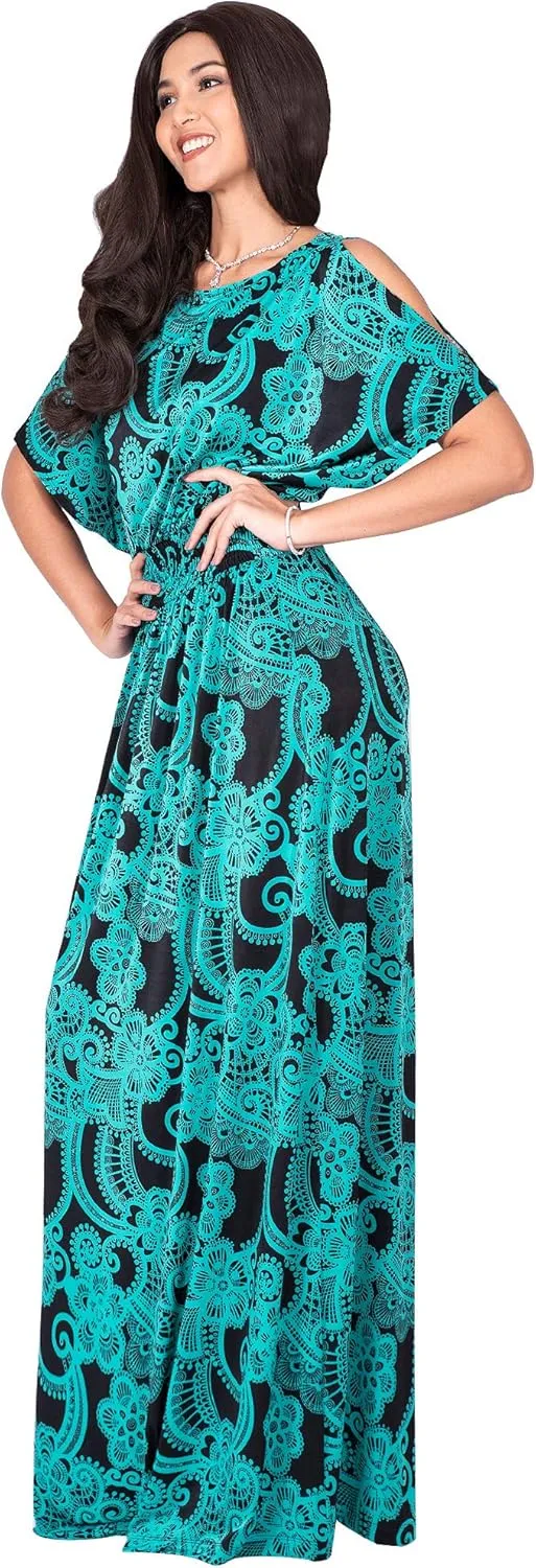 KOH KOH Womens Long Short Sleeve Printed Summer Sexy Casual Sundress Maxi Dress