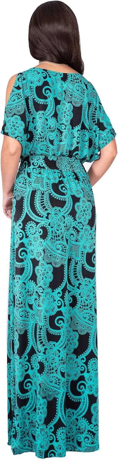 KOH KOH Womens Long Short Sleeve Printed Summer Sexy Casual Sundress Maxi Dress
