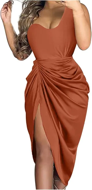 KUIOLYPOER Summer Wedding Guest Dress Women Sexy Sequin Slit Maxi Dresses Smocked Solid Color One Shoulder Cocktail Dress
