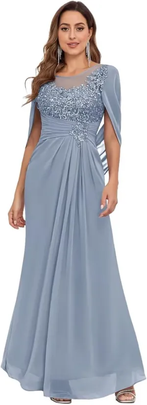 Lace Appliques Mother of The Bride Dresses with Sleeves Chiffon Mermaid Ruched Long Formal Dress