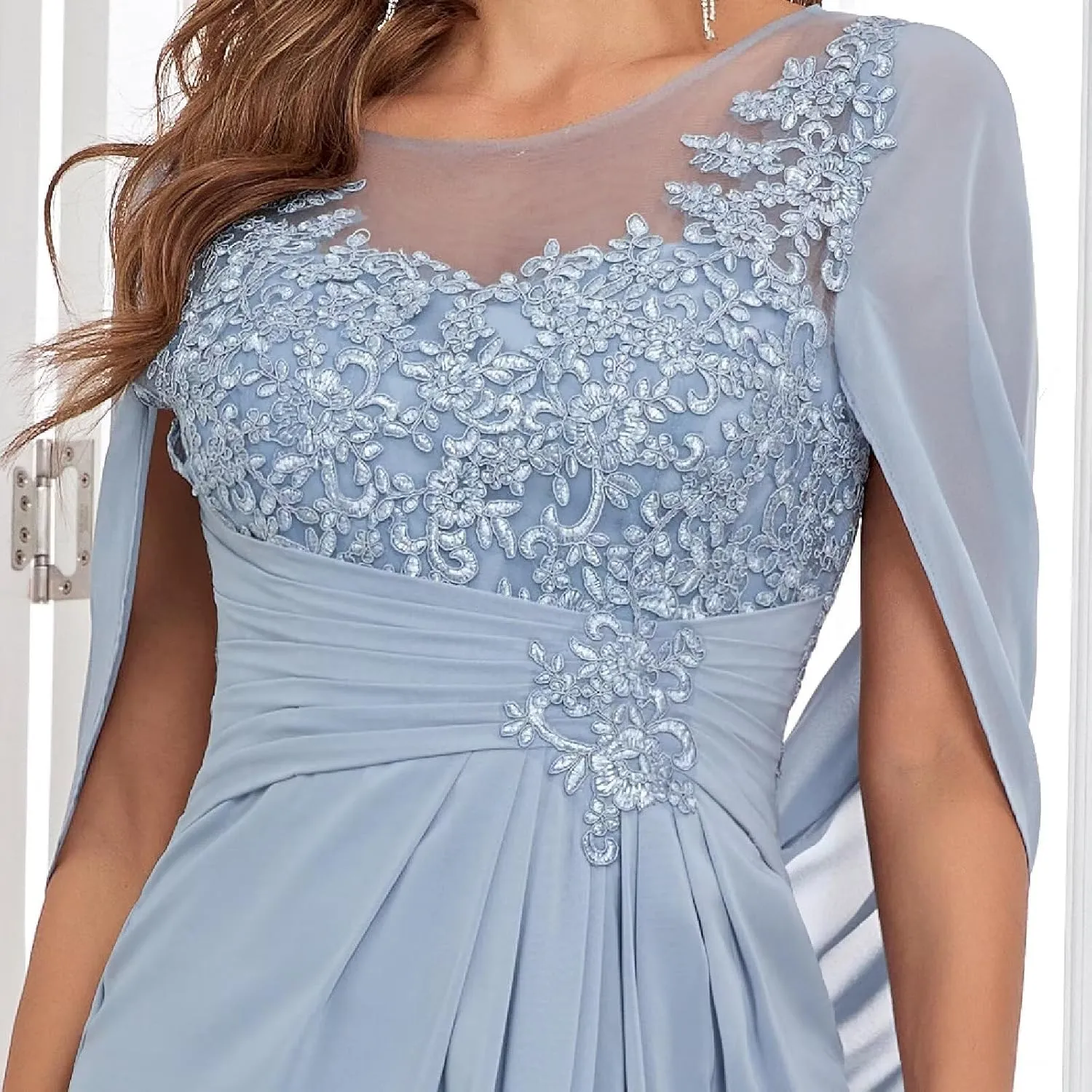 Lace Appliques Mother of The Bride Dresses with Sleeves Chiffon Mermaid Ruched Long Formal Dress