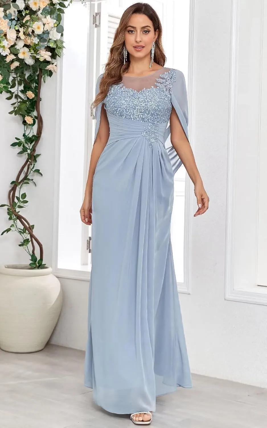Lace Appliques Mother of The Bride Dresses with Sleeves Chiffon Mermaid Ruched Long Formal Dress