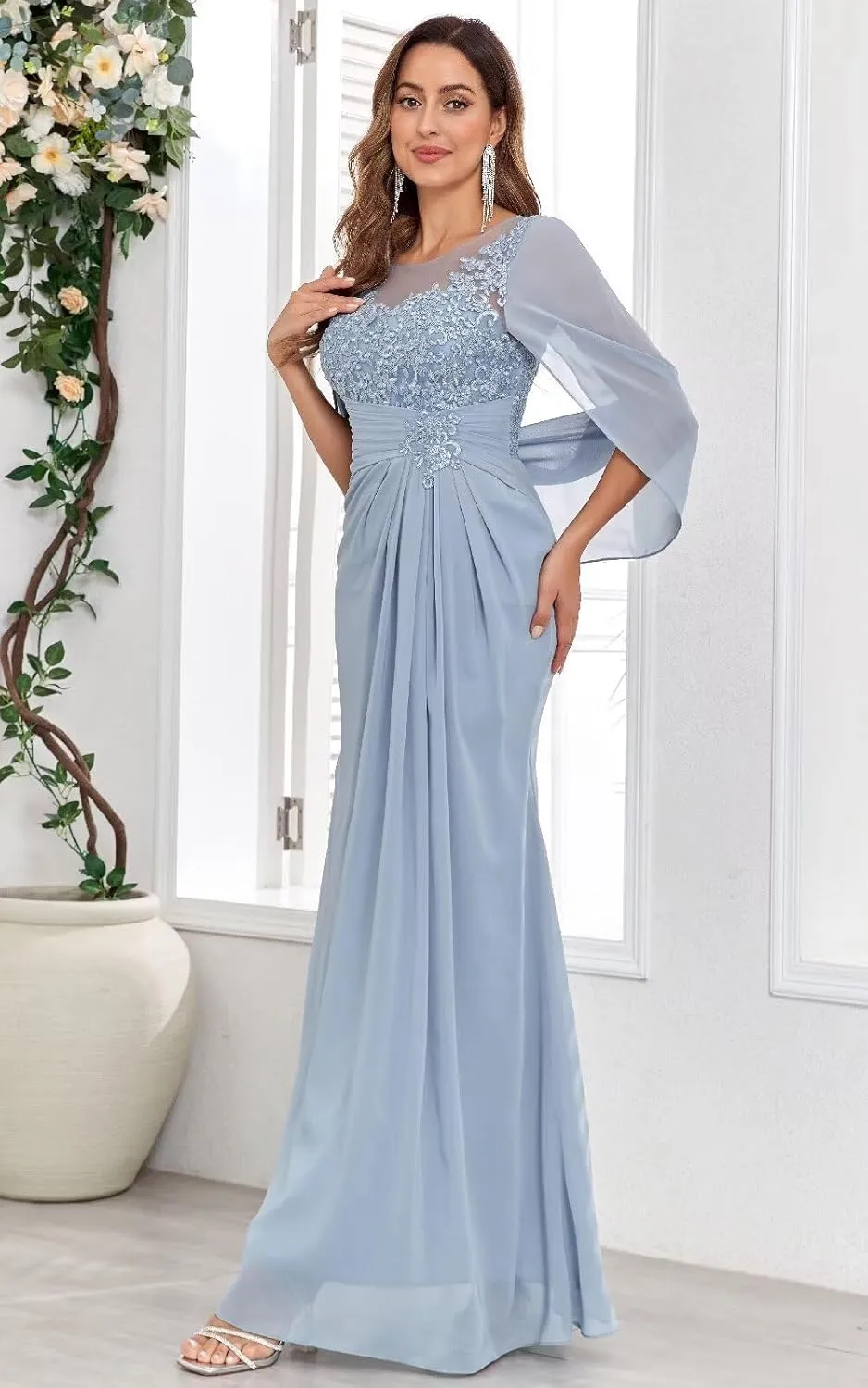 Lace Appliques Mother of The Bride Dresses with Sleeves Chiffon Mermaid Ruched Long Formal Dress