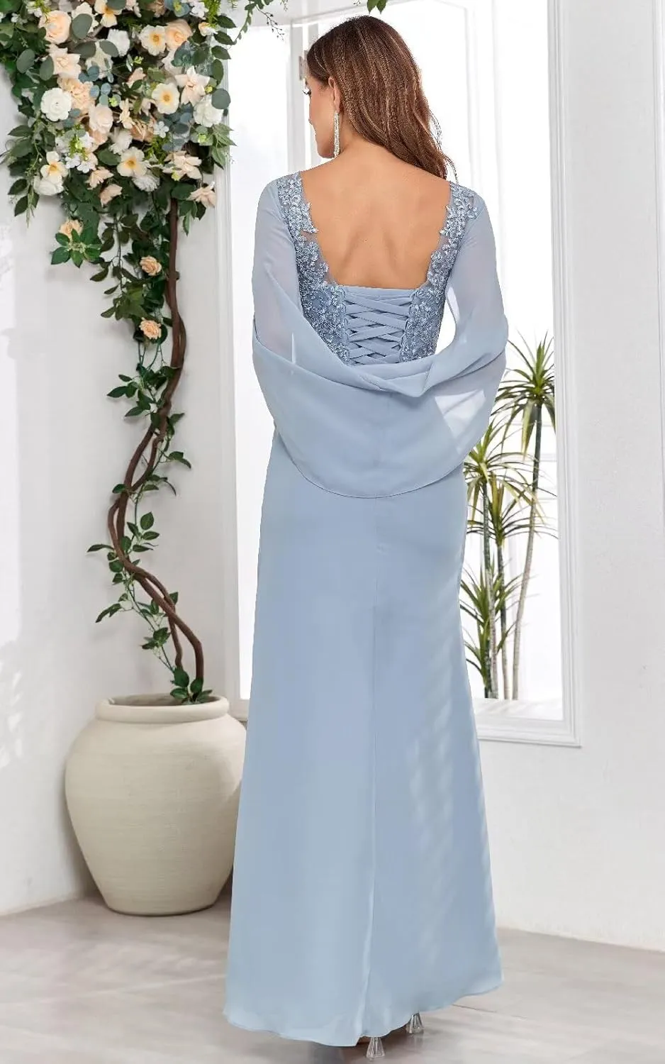 Lace Appliques Mother of The Bride Dresses with Sleeves Chiffon Mermaid Ruched Long Formal Dress