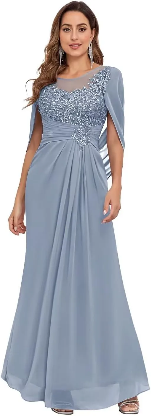 Lace Appliques Mother of The Bride Dresses with Sleeves Chiffon Mermaid Ruched Long Formal Dress