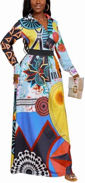 LaiyiVic Maxi Dress for Women Casual Long Sleeve Button Down Floor Length V-Neck Long Dress with Belt