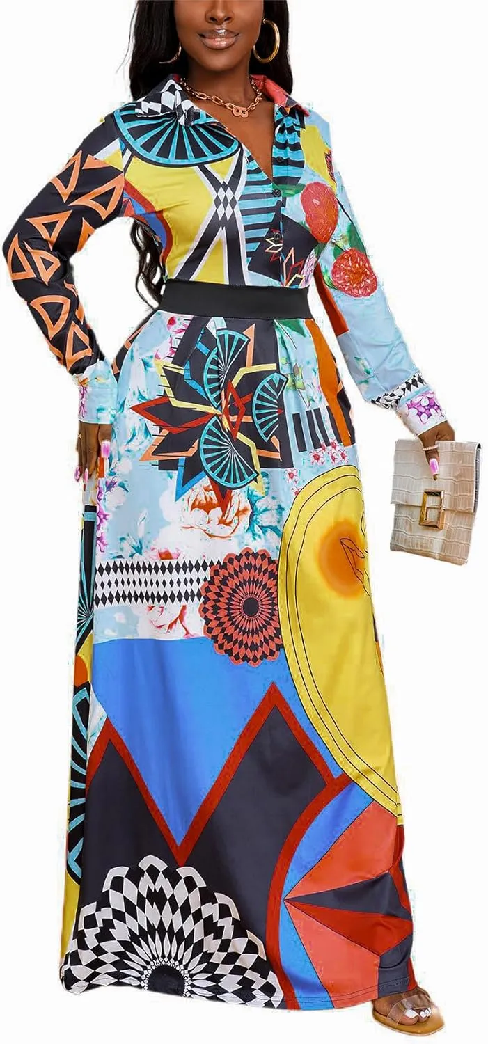 LaiyiVic Maxi Dress for Women Casual Long Sleeve Button Down Floor Length V-Neck Long Dress with Belt