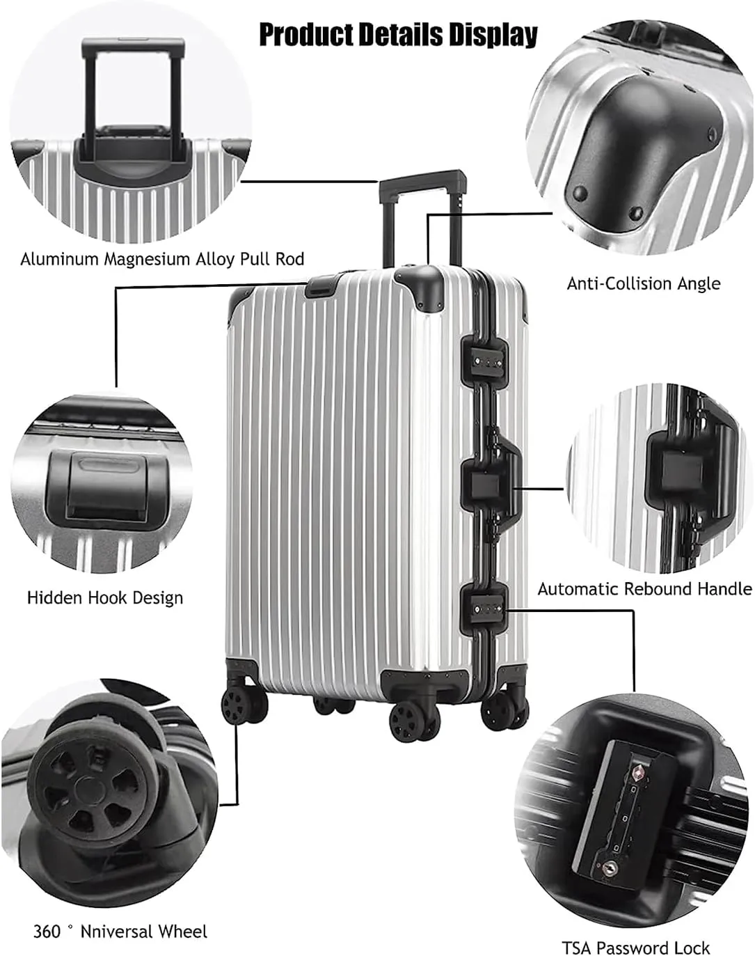 Large Capacity Hard Shell Trolley Suitcase Aluminium Frame Suitcase for Business Travel and Holiday, Black, 24