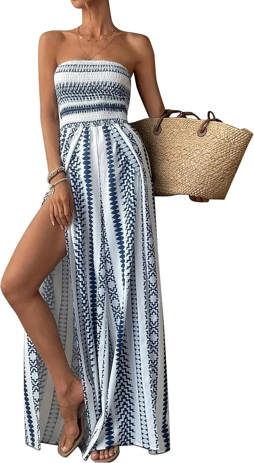 Lauweion Strapless Wide Leg Boho Jumpsuits for Women One Piece 2025 Summer Split Thigh Pants Rompers