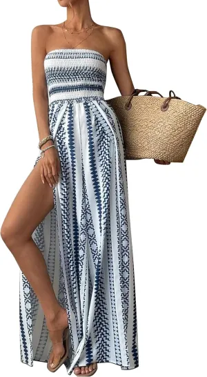 Lauweion Strapless Wide Leg Boho Jumpsuits for Women One Piece 2025 Summer Split Thigh Pants Rompers