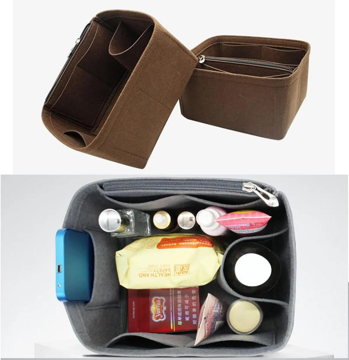 Lckaey Minimalist Grey Felt Handbag Organizer Insert for Picotin 26 Bucket Bag Liner Bag Zipper Lid Liner Organizer