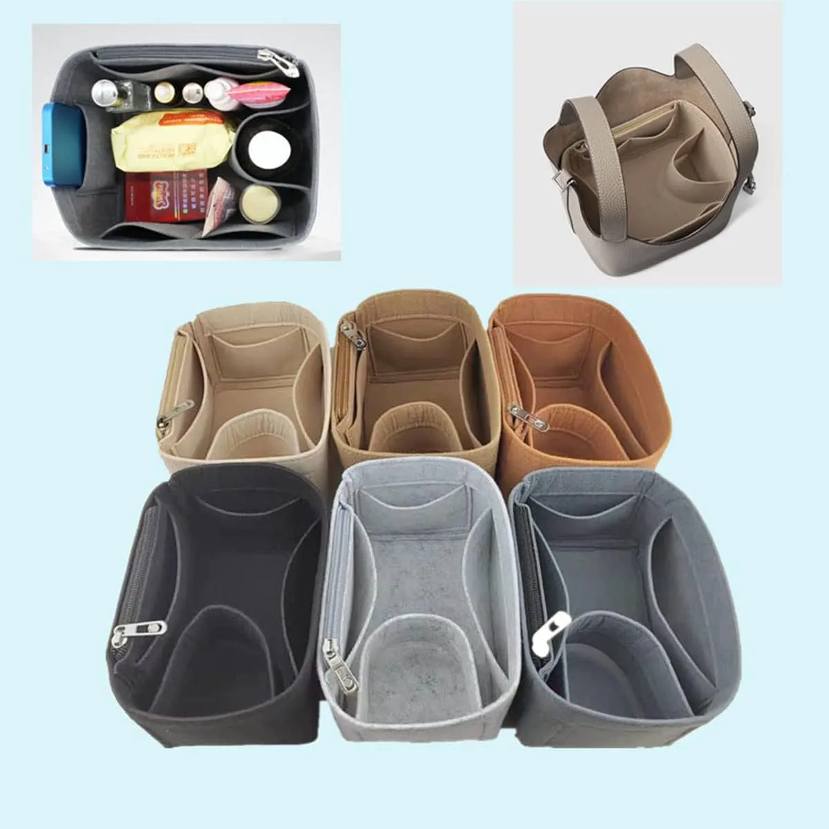 Lckaey Minimalist Grey Felt Handbag Organizer Insert for Picotin 26 Bucket Bag Liner Bag Zipper Lid Liner Organizer