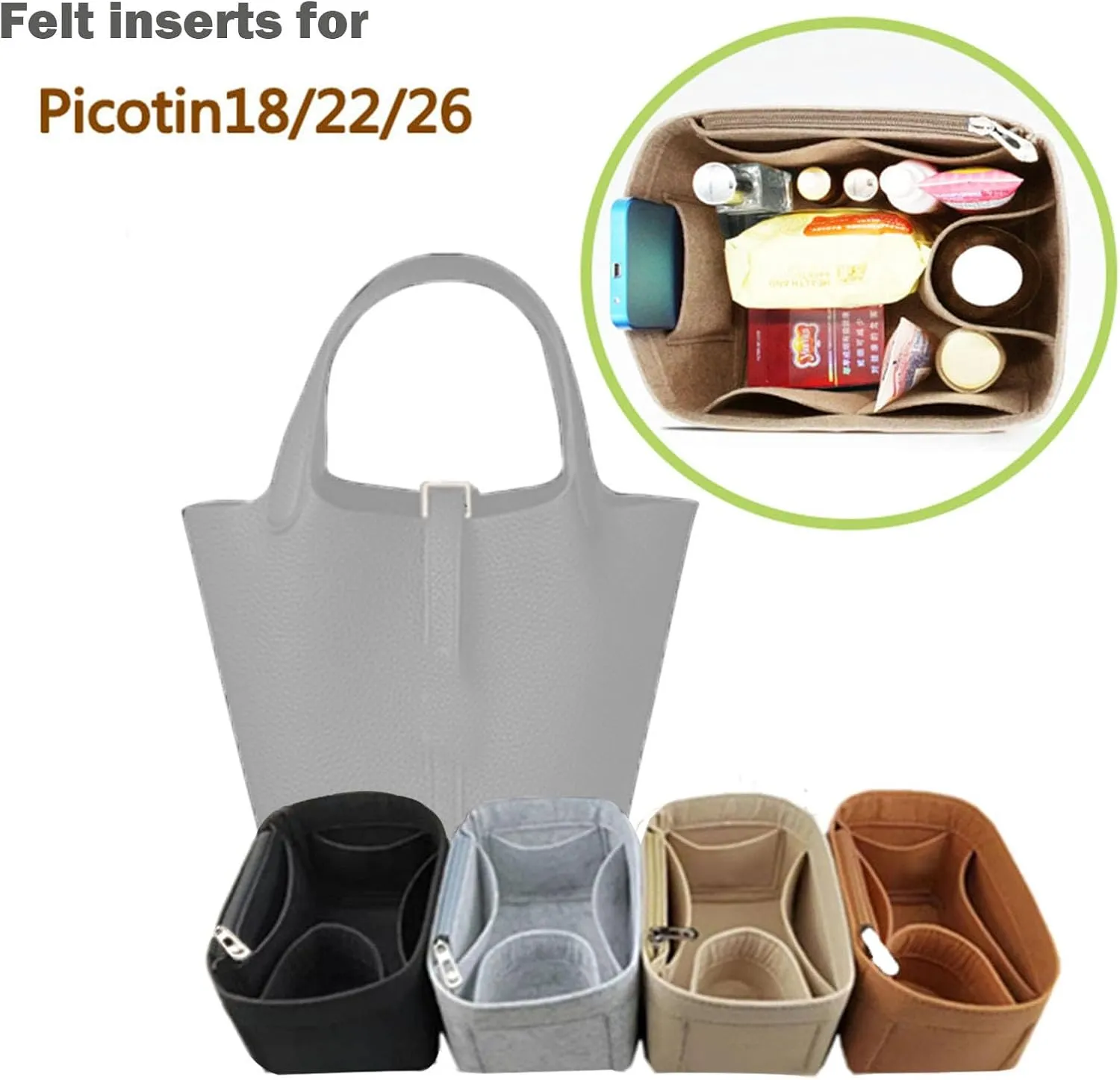 Lckaey Minimalist Grey Felt Handbag Organizer Insert for Picotin 26 Bucket Bag Liner Bag Zipper Lid Liner Organizer