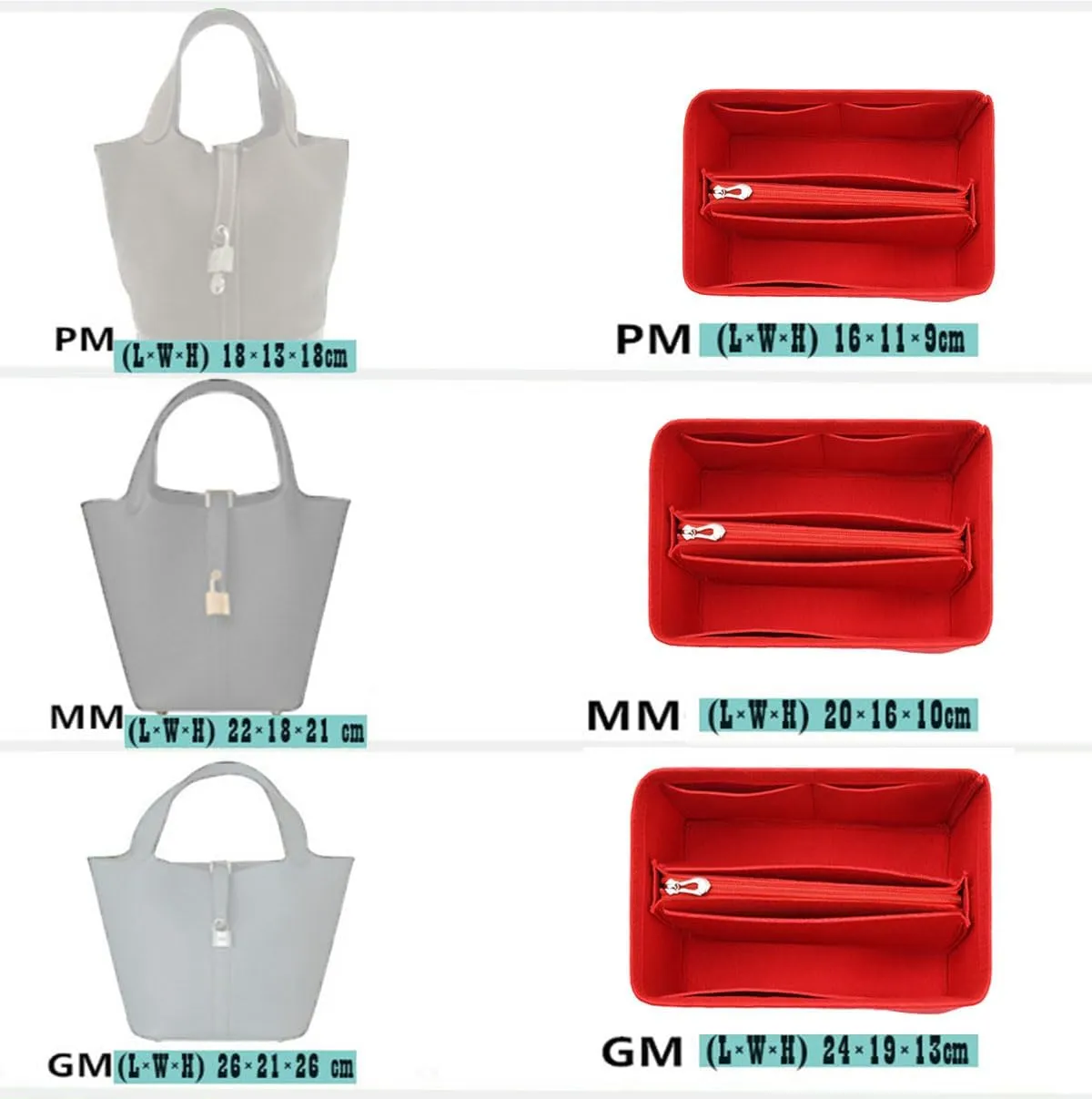 Lckaey Minimalist Grey Felt Handbag Organizer Insert for Picotin 26 Bucket Bag Liner Bag Zipper Lid Liner Organizer