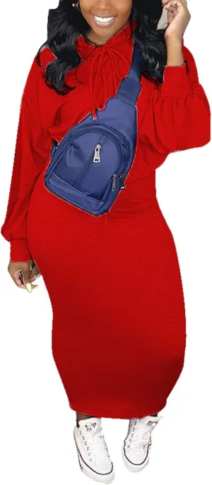 LETSVDO Womens 2 Piece Sweatshirt Solid Long Sleeves Hoodie Bodycon Maxi Dress