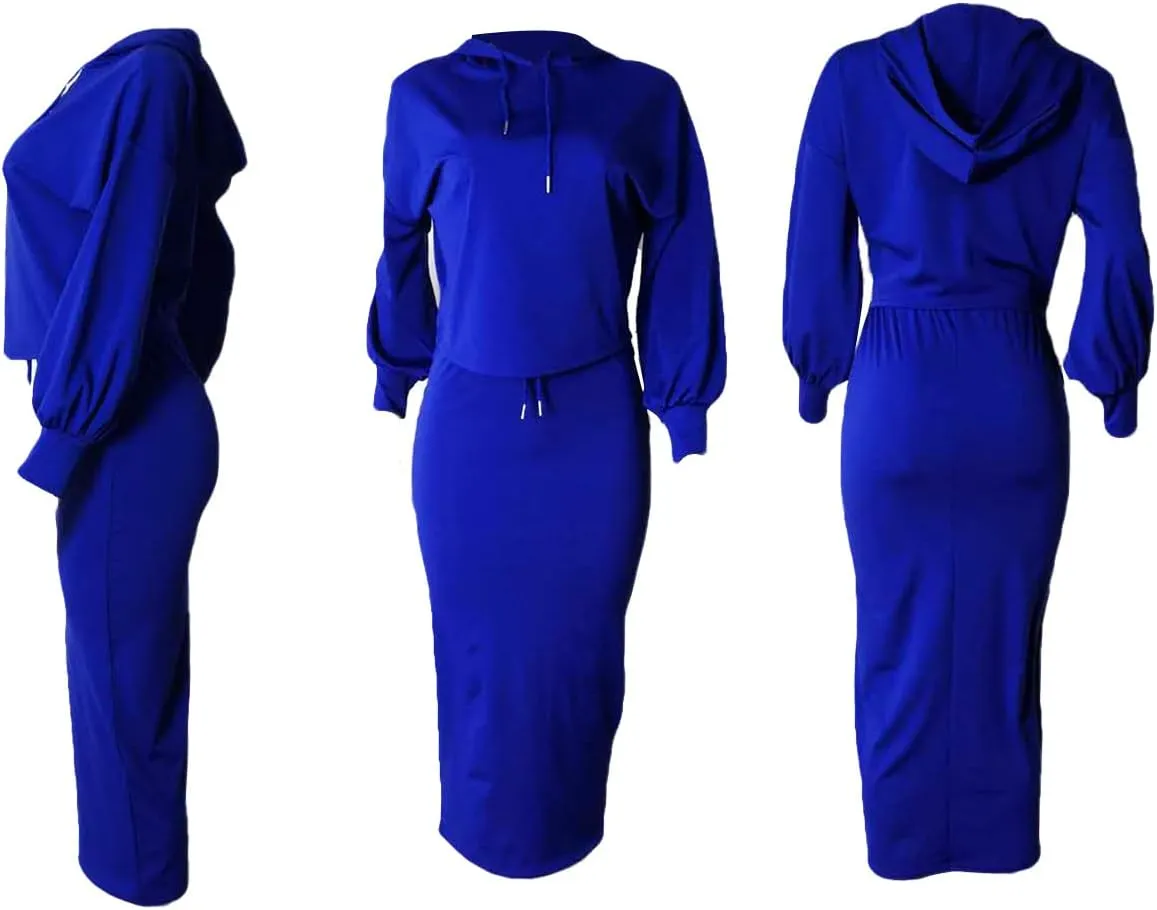 LETSVDO Womens 2 Piece Sweatshirt Solid Long Sleeves Hoodie Bodycon Maxi Dress
