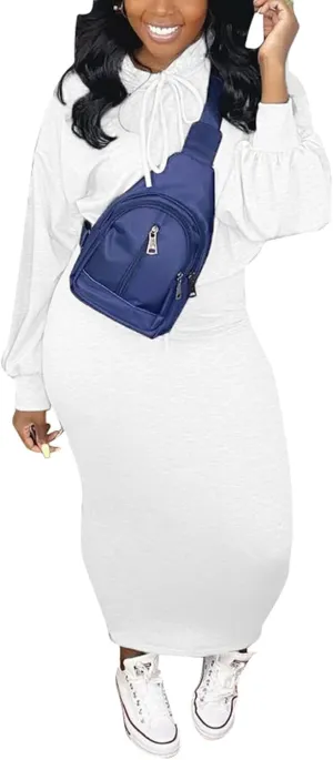LETSVDO Womens 2 Piece Sweatshirt Solid Long Sleeves Hoodie Bodycon Maxi Dress