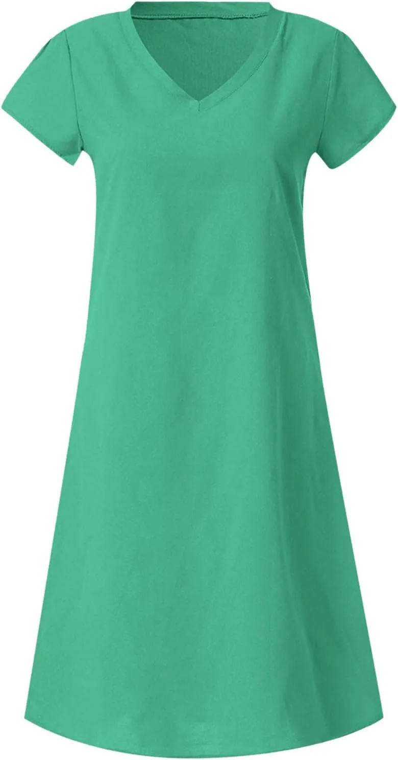 Linen Cotton Dresses for Women 2025 Cap Sleeve Midi Dress Beach Vacation Sundress Loose Casual V Neck Shirt Dresses