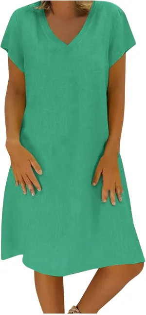 Linen Cotton Dresses for Women 2025 Cap Sleeve Midi Dress Beach Vacation Sundress Loose Casual V Neck Shirt Dresses