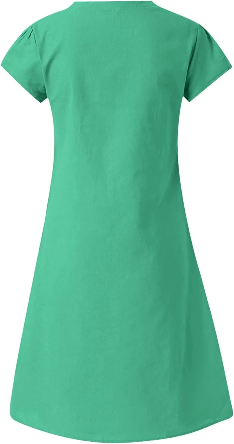 Linen Cotton Dresses for Women 2025 Cap Sleeve Midi Dress Beach Vacation Sundress Loose Casual V Neck Shirt Dresses