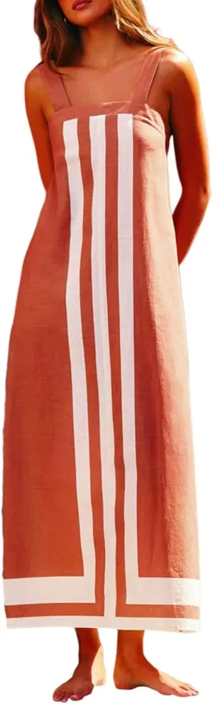 Linen Dresses for Women 2025 Color Block Summer Sun Dresses Beach Vacation Sleeveless Spaghetti Strap Maxi Dress