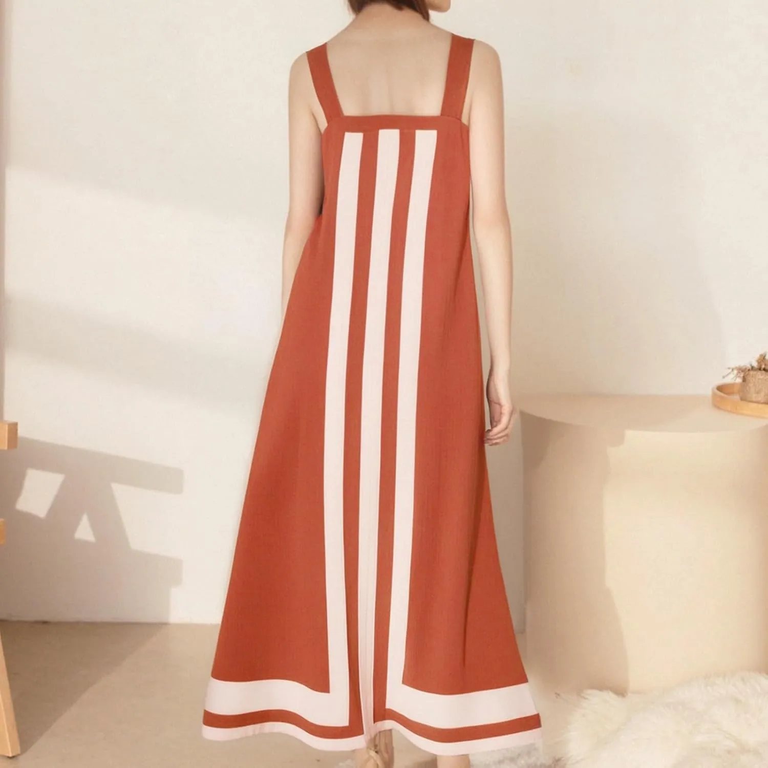 Linen Dresses for Women 2025 Color Block Summer Sun Dresses Beach Vacation Sleeveless Spaghetti Strap Maxi Dress