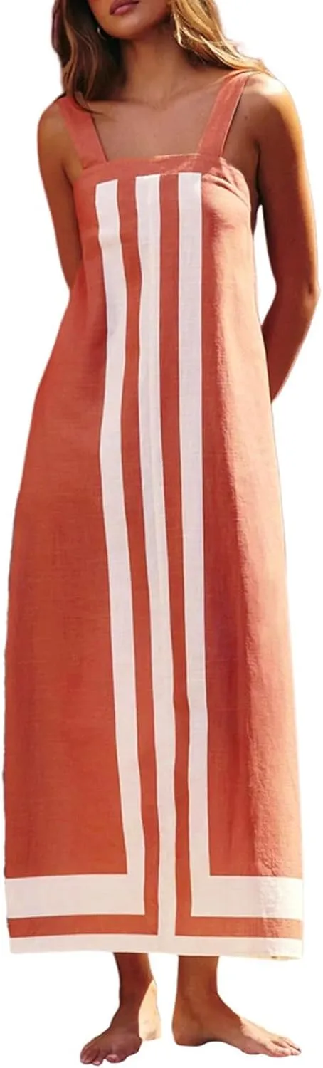 Linen Dresses for Women 2025 Color Block Summer Sun Dresses Beach Vacation Sleeveless Spaghetti Strap Maxi Dress