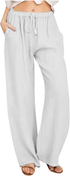 Linen Pants Women Summer 2024 Wide Leg Casual Loose Pant Drawstring High Waist Palazzo Pants Trousers with Pockets