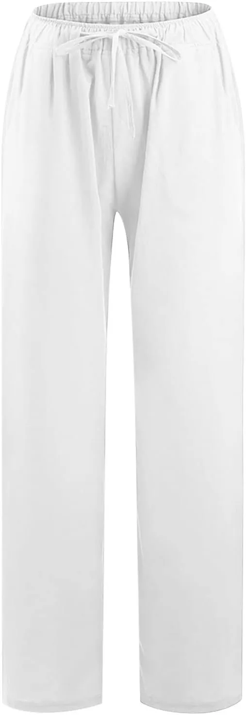 Linen Pants Women Summer 2024 Wide Leg Casual Loose Pant Drawstring High Waist Palazzo Pants Trousers with Pockets