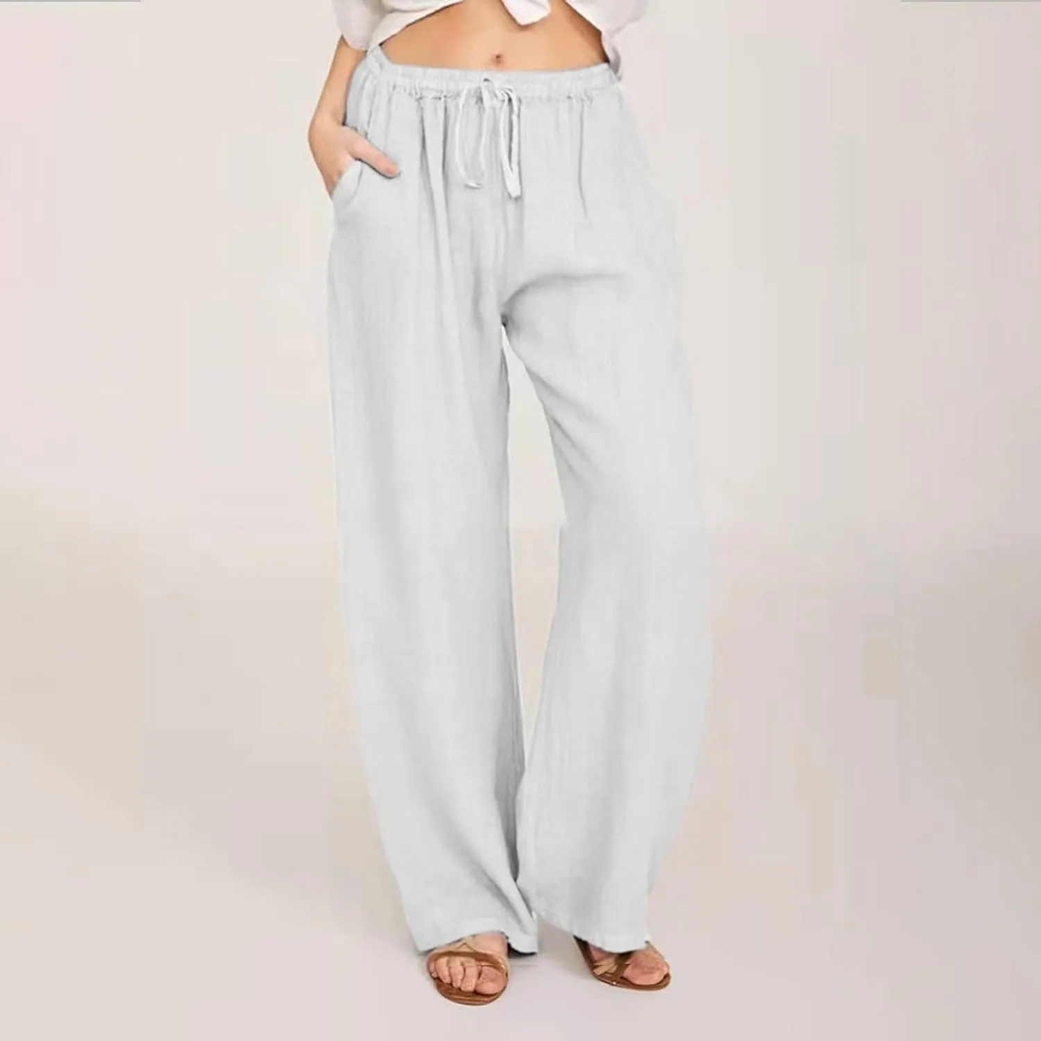 Linen Pants Women Summer 2024 Wide Leg Casual Loose Pant Drawstring High Waist Palazzo Pants Trousers with Pockets