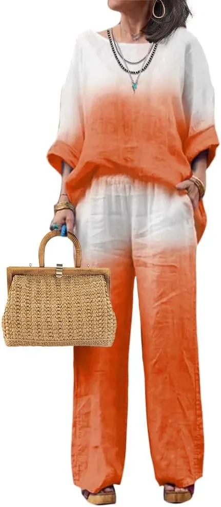 Linen Set for Women Casual Long Sleeve Gradient Color Loose Pant Plus Size Pants Sets Women 2 Piece Outfits