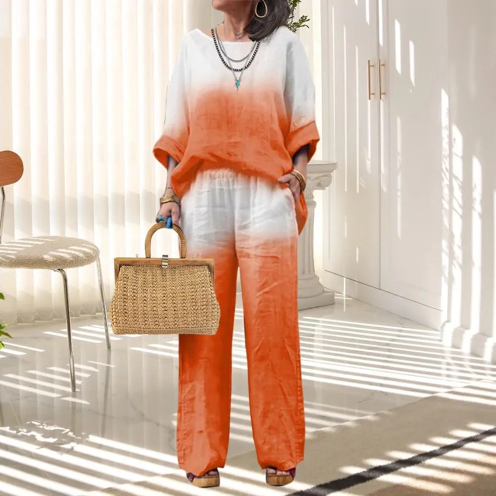 Linen Set for Women Casual Long Sleeve Gradient Color Loose Pant Plus Size Pants Sets Women 2 Piece Outfits