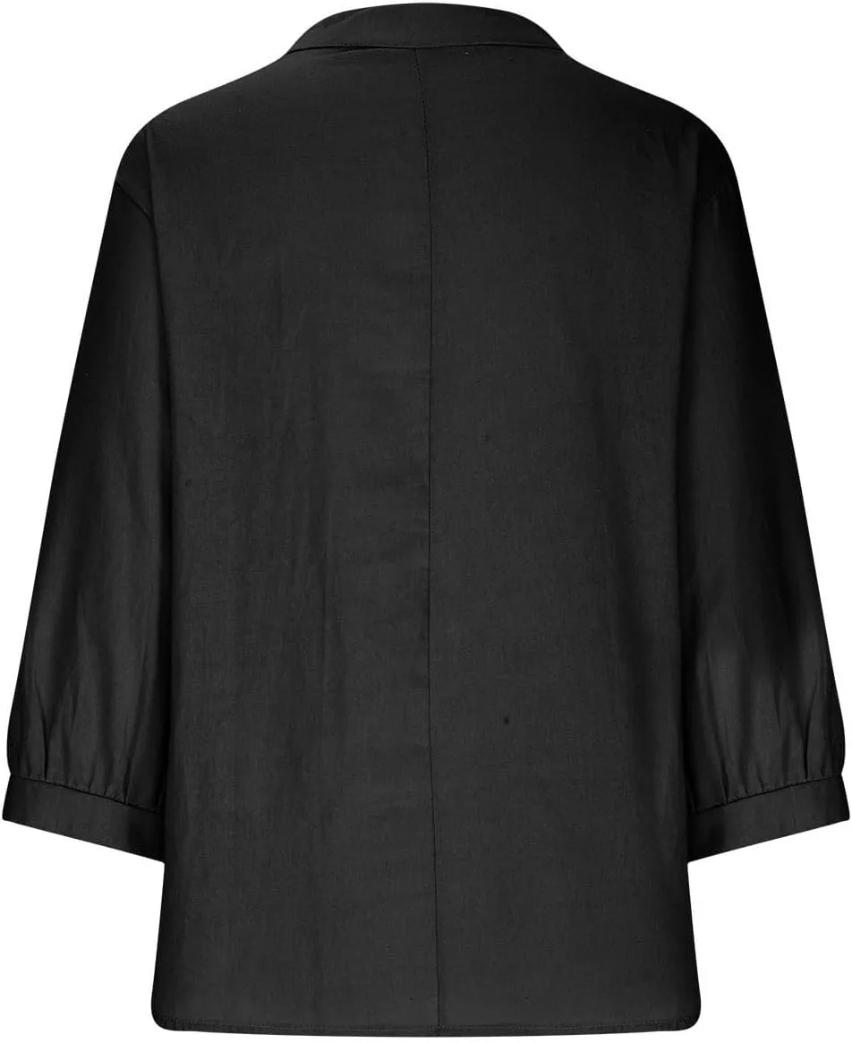 Linen Shirts for Women 2025 Trendy Summer Tops Button 3/4 Sleeve V Neck Plus Size Beach Blouses Boho Loose Tunic