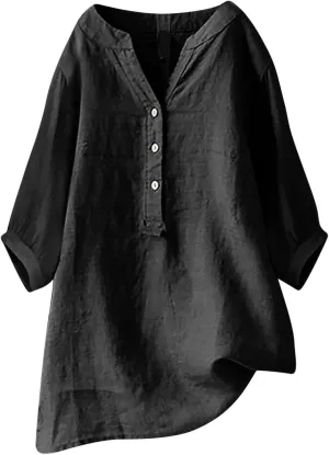 Linen Shirts for Women 2025 Trendy Summer Tops Button 3/4 Sleeve V Neck Plus Size Beach Blouses Boho Loose Tunic