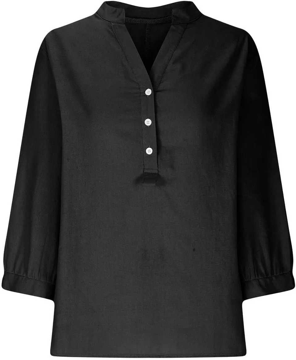 Linen Shirts for Women 2025 Trendy Summer Tops Button 3/4 Sleeve V Neck Plus Size Beach Blouses Boho Loose Tunic
