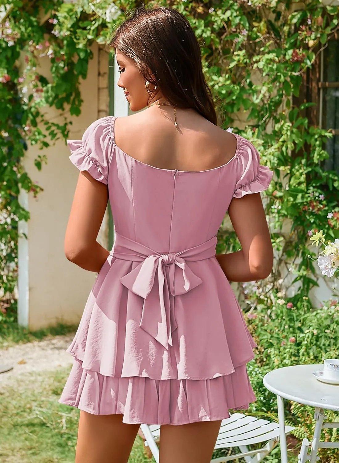 Linsery Women Boho Off Shoulder Romper Floral Print Tie Back Ruffle Hem Chiffon Short Jumpsuit