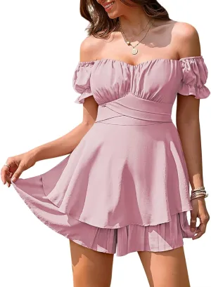 Linsery Women Boho Off Shoulder Romper Floral Print Tie Back Ruffle Hem Chiffon Short Jumpsuit