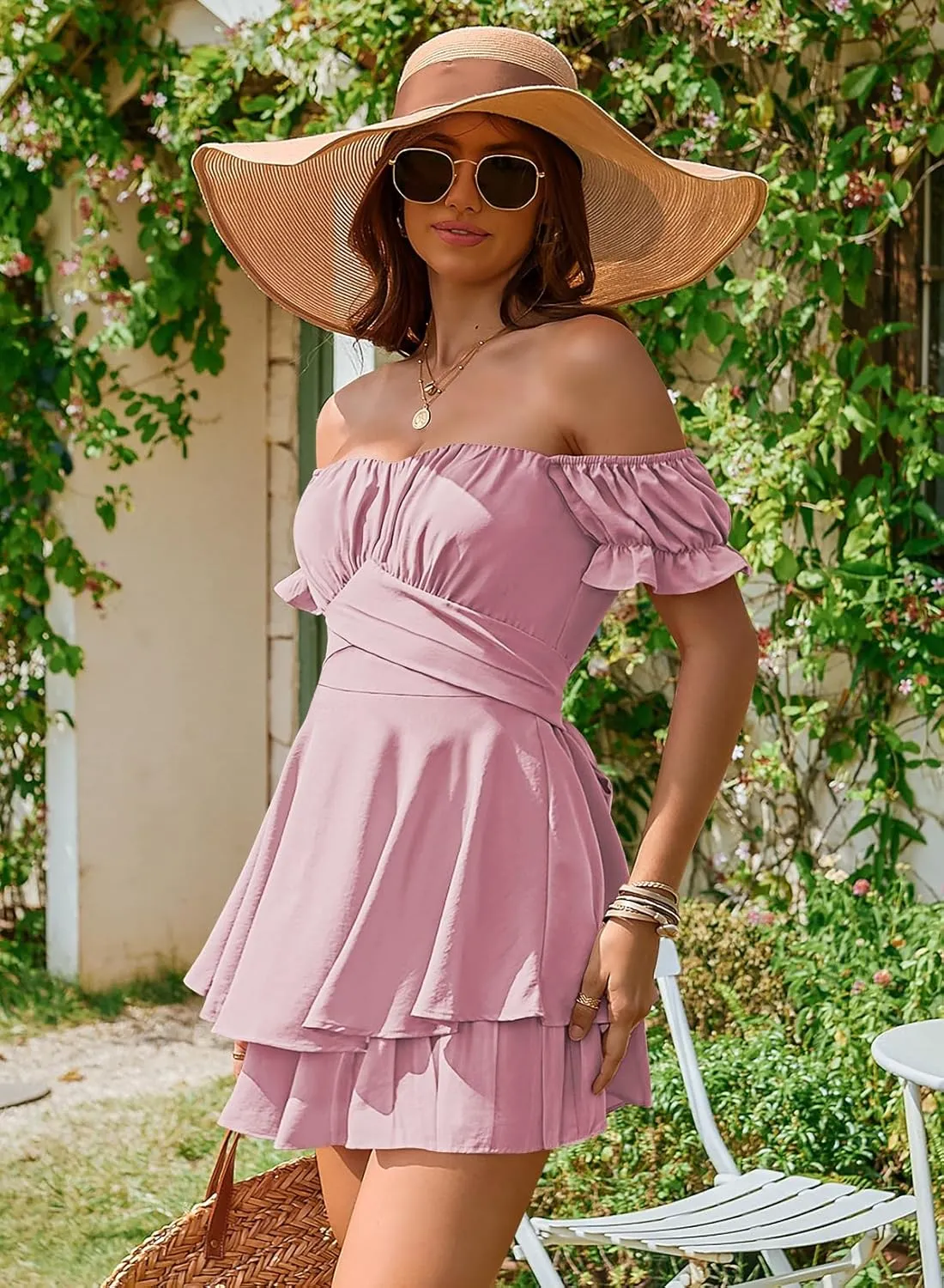 Linsery Women Boho Off Shoulder Romper Floral Print Tie Back Ruffle Hem Chiffon Short Jumpsuit