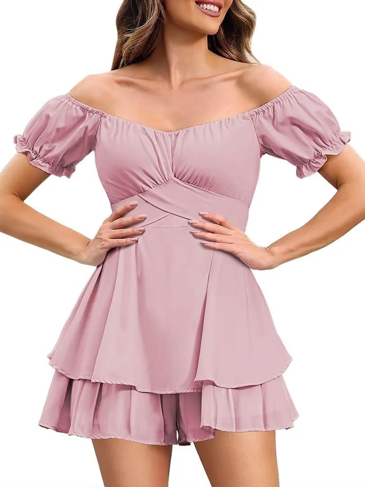 Linsery Women Boho Off Shoulder Romper Floral Print Tie Back Ruffle Hem Chiffon Short Jumpsuit