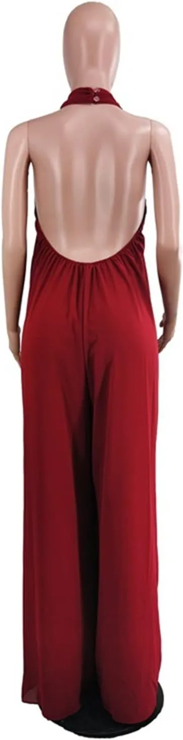 Lisa Colly Women's Sexy Casual Clubwear Wide Leg Jumpsuits Halter Sleeveless Party Chiffon Pants Long Rompers