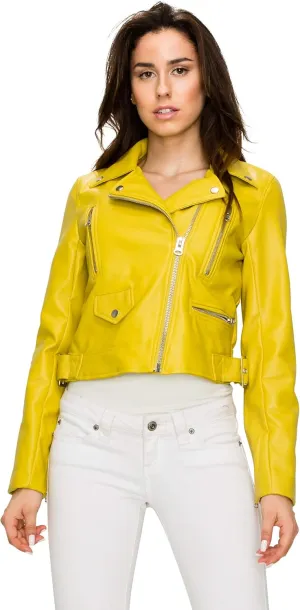 Lock and Love LL WJC1852 Womens Faux Leather Motorcycle Biker Jacket M Lime