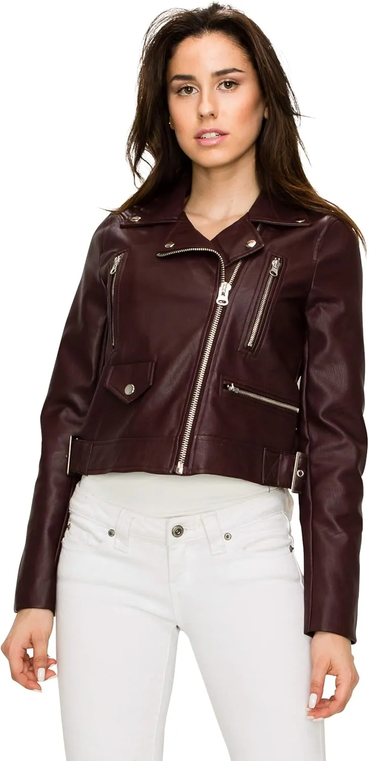 Lock and Love LL WJC1852 Womens Faux Leather Motorcycle Biker Jacket S MAROON