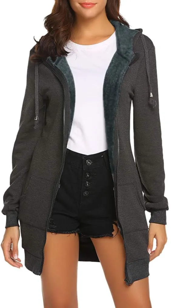 Locryz Women's Casual Pockets Zip Up Hoodies Fleece Tunic Sweatshirt Long Hoodie Jacket Coat