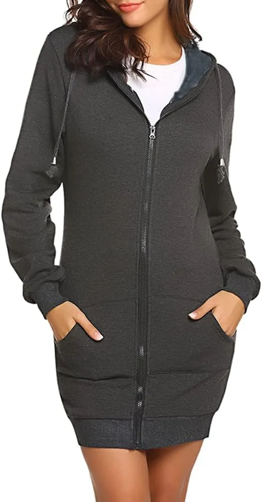 Locryz Women's Casual Pockets Zip Up Hoodies Fleece Tunic Sweatshirt Long Hoodie Jacket Coat