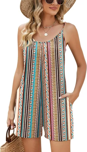 LOMON Womens Casual Summer Sleeveless Romper Loose Adjustable Spaghetti Strap Stretchy Shorts Jumpsuits with Pockets