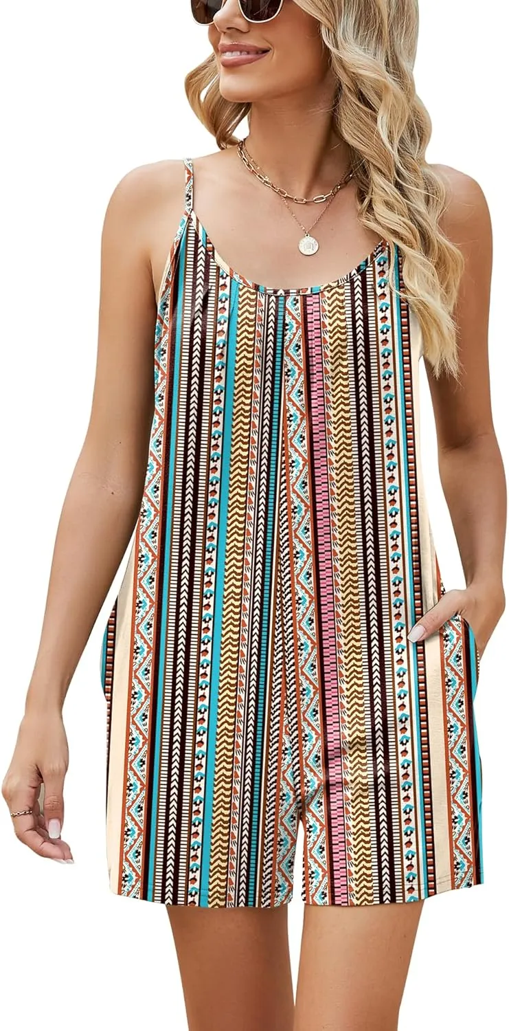 LOMON Womens Casual Summer Sleeveless Romper Loose Adjustable Spaghetti Strap Stretchy Shorts Jumpsuits with Pockets