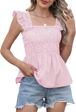 LOMON Womens Tank Tops Fashion Summer Ruffle Flying Sleeve Smocked Blouses Square Neck Sleeveless Shirts Babydoll Shirt