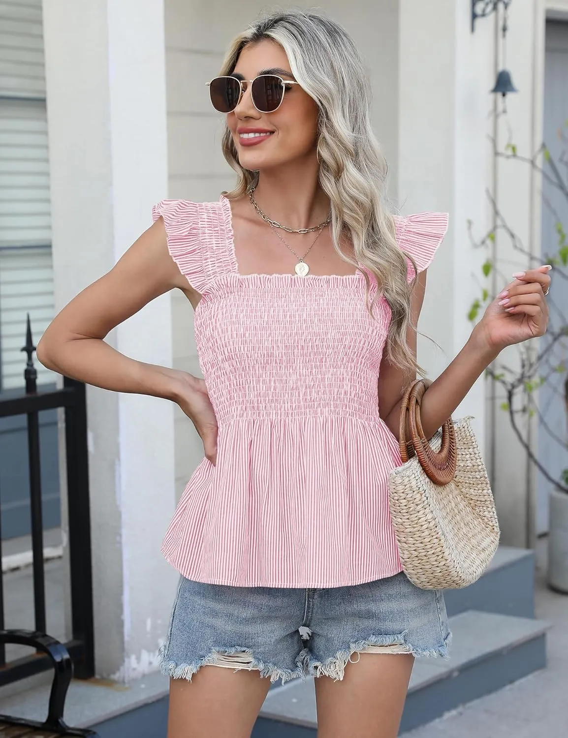 LOMON Womens Tank Tops Fashion Summer Ruffle Flying Sleeve Smocked Blouses Square Neck Sleeveless Shirts Babydoll Shirt