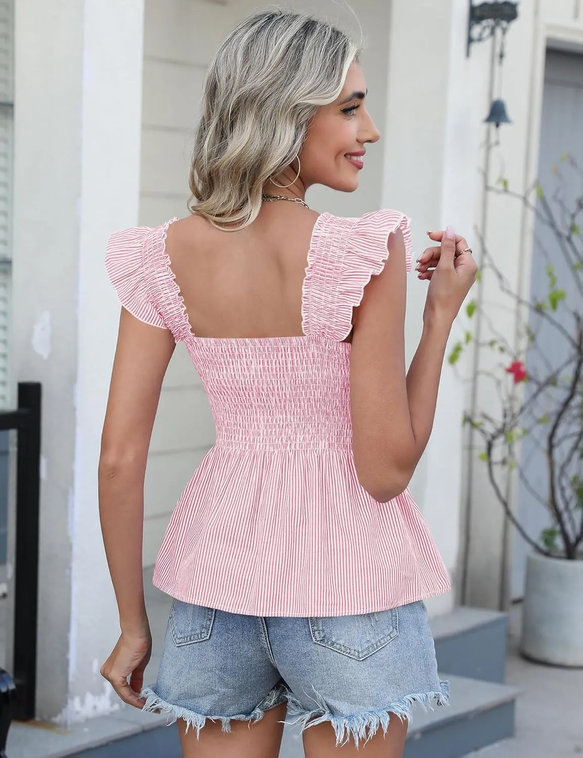LOMON Womens Tank Tops Fashion Summer Ruffle Flying Sleeve Smocked Blouses Square Neck Sleeveless Shirts Babydoll Shirt