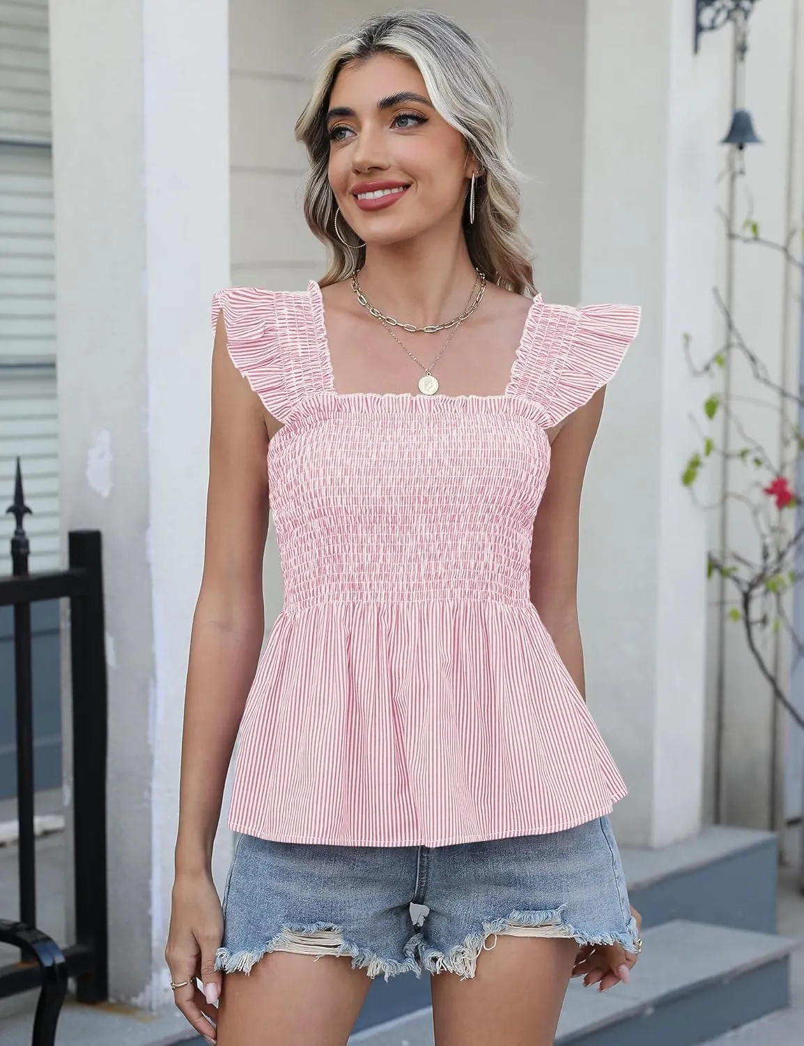 LOMON Womens Tank Tops Fashion Summer Ruffle Flying Sleeve Smocked Blouses Square Neck Sleeveless Shirts Babydoll Shirt